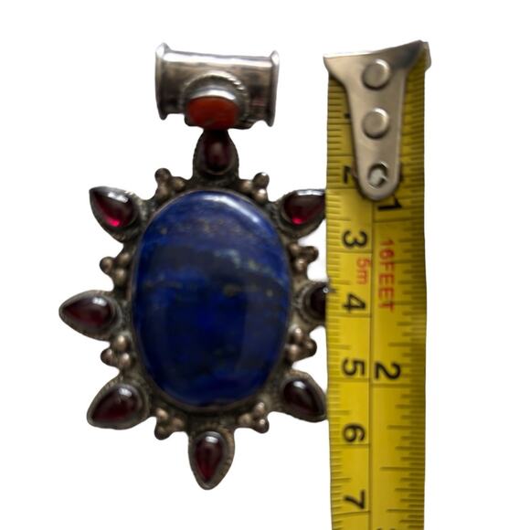 925 Sterling Silver Blue Lapis Red Coral Garnet Ornate Oval Pendant Native 40g - Picture 9 of 11